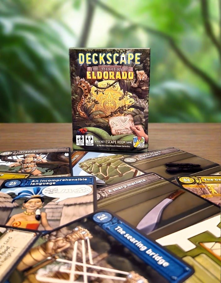 The Mystery of Eldorado on Deckscape-sarjan viidakkoteemainen kotona pelattava pakohuonepeli